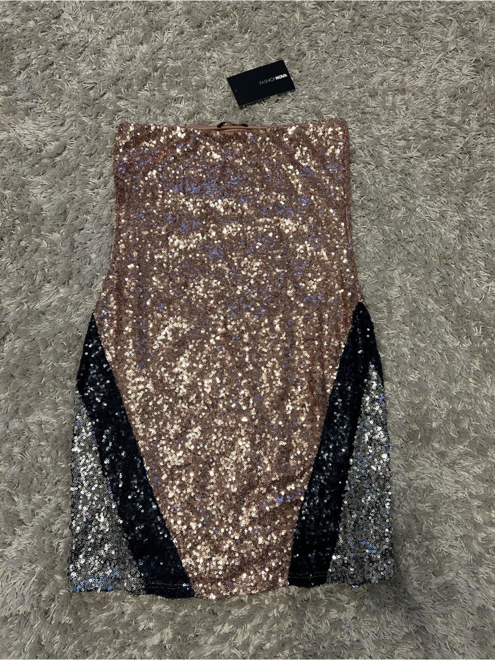 Fashion Nova Rose Gold Sequin Strapless Cocktail Dress with Black Side Panels